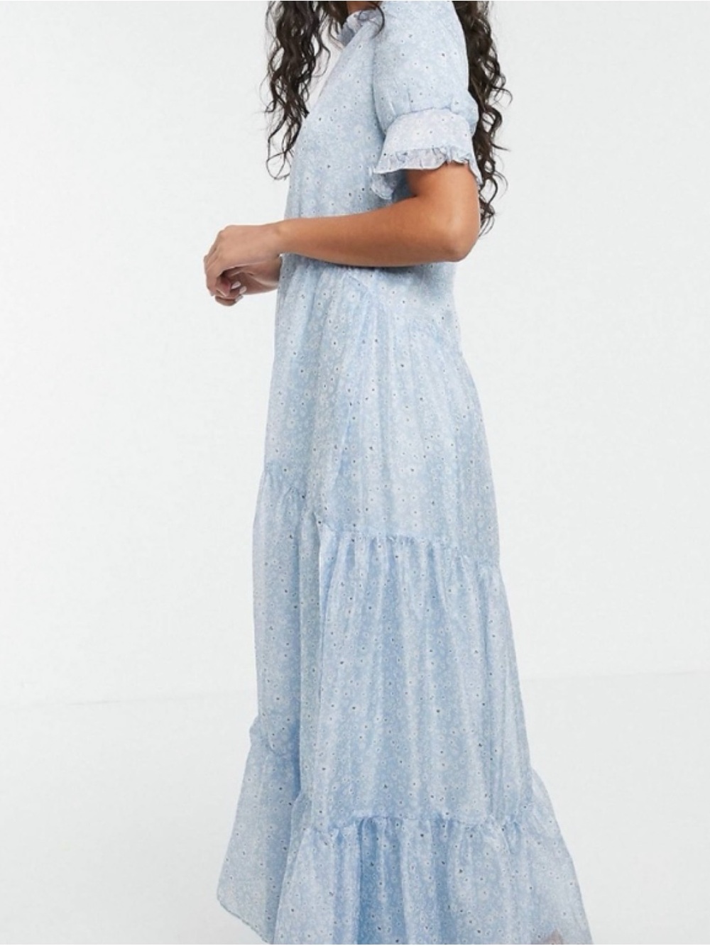 Sister Jane Small Pale Blue Ditsy Floral Ruffle Tiered Maxi Dress Cottagecore